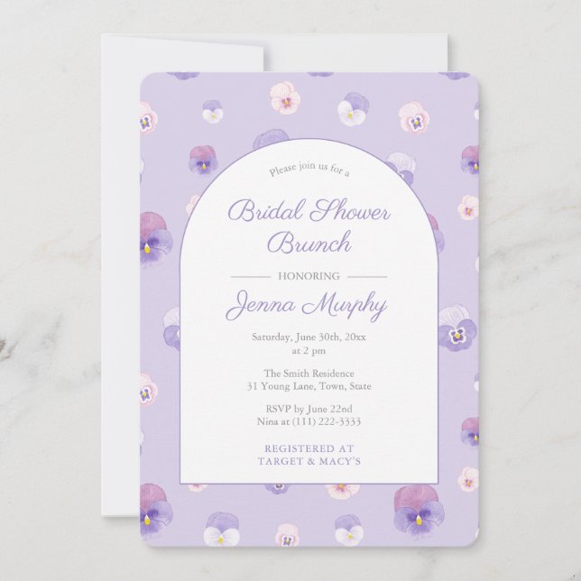 Elegant Lilac Pansies Bridal Shower Brunch Party Invitation (Front)