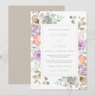 Elegant Lilac Peach Watercolor Rose Wedding Invitation