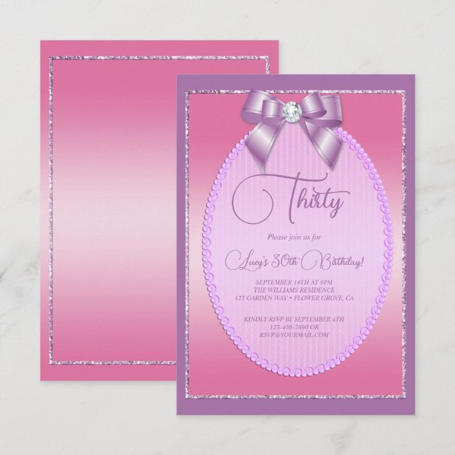 Elegant Lilac & Pink Jewel Bow Birthday Invitation (Front/Back)