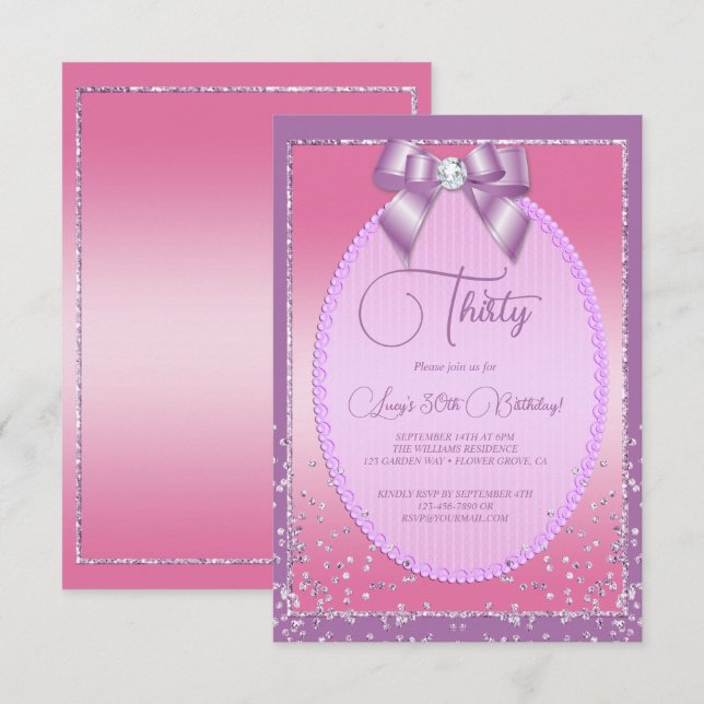 Elegant Lilac & Pink Jewel Bow & Confetti Birthday Invitation (Front/Back)