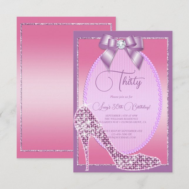 Elegant Lilac & Pink Jewel Bow & Stiletto Birthday Invitation (Front/Back)