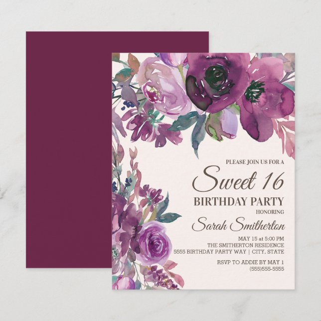 Elegant Lilac Plum Purple Floral Script Sweet 16 Invitation (Front/Back)