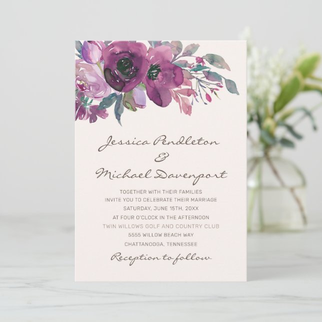 Elegant Lilac Plum Purple Floral Script Wedding  Invitation (Standing Front)