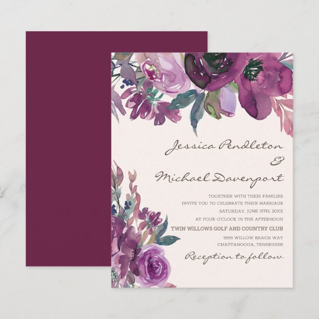 Elegant Lilac Plum Purple Floral Script Wedding Invitation (Front/Back)
