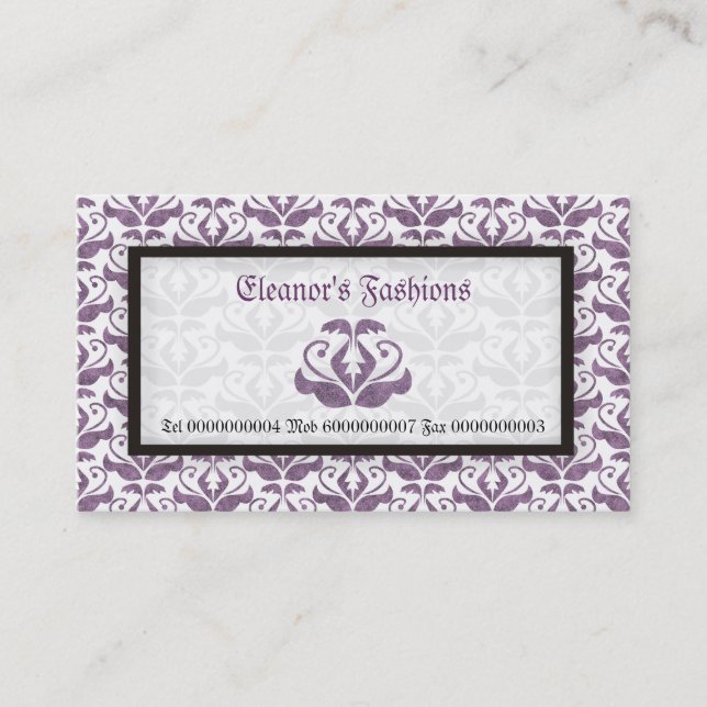 Elegant lilac purple damask fashion business cards (Front)