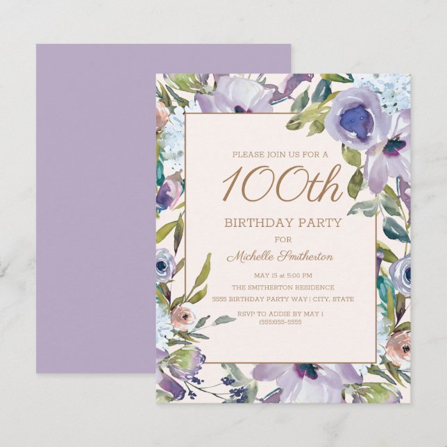 Elegant Lilac Purple Floral 100th Birthday Invitation (Front/Back)