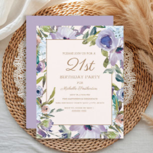 Elegant Lilac Purple Floral Greenery 21st Birthday Invitation
