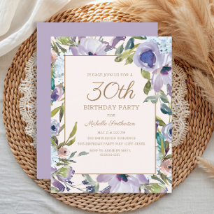 Elegant Lilac Purple Floral Greenery 30th Birthday Invitation