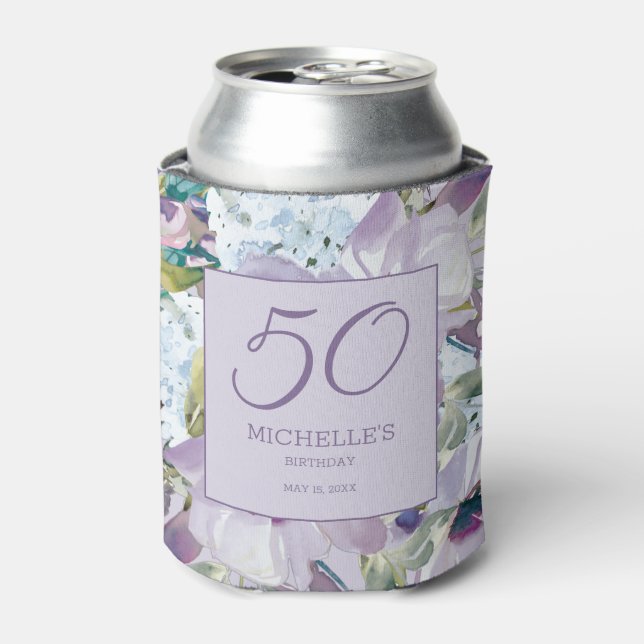 Elegant Lilac Purple Floral Greenery 50th Birthday Can Cooler (Can Front)
