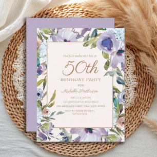 Elegant Lilac Purple Floral Greenery 50th Birthday Invitation