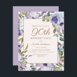Elegant Lilac Purple Floral Greenery 90th Birthday Invitation<br><div class="desc">Beautiful and elegant lilac purple floral and greenery botanical watercolor 90th birthday party invitation on a cream/white background.  Contact me for assistance with your customisations or to request additional matching or coordinating Zazzle products for your party.</div>