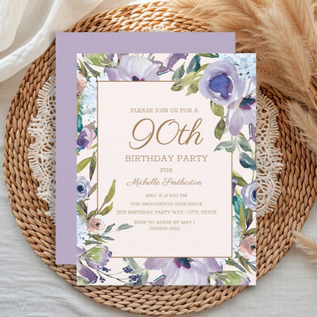 Elegant Lilac Purple Floral Greenery 90th Birthday Invitation (Purple watercolor floral 90th birthday party invitation)