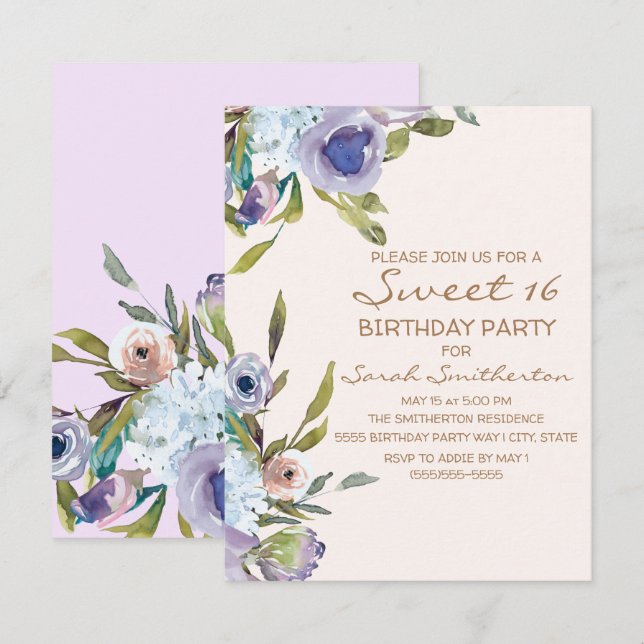 Elegant Lilac Purple Floral Greenery Sweet 16 Invitation (Front/Back)