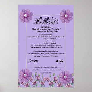 Elegant Lilac Purple Floral Pearl Islamic Nikah  Poster