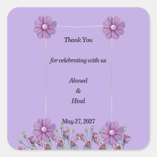 Elegant Lilac Purple Floral Pearl Wedding Favour Square Sticker