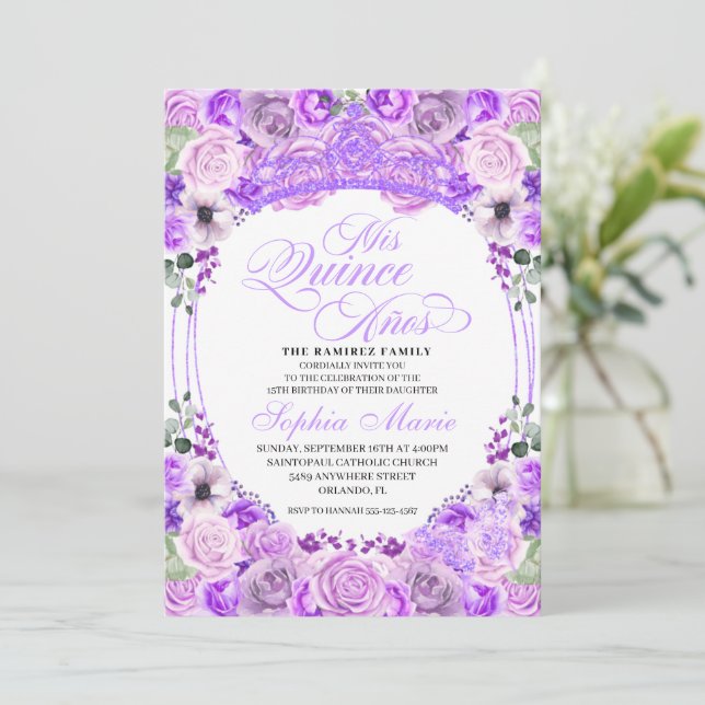 Elegant Lilac Purple Floral Quinceanera Birthday Invitation (Standing Front)