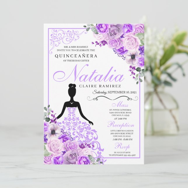 Elegant Lilac Purple Floral Quinceanera Birthday Invitation (Standing Front)
