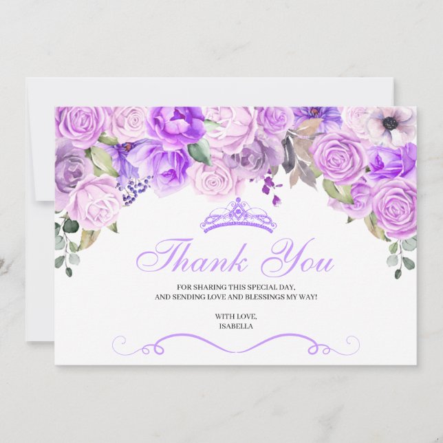 Elegant Lilac Purple Floral Quinceanera Thank You (Front)