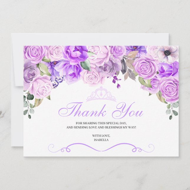 Elegant Lilac Purple Floral Quinceanera Thank You  (Front)
