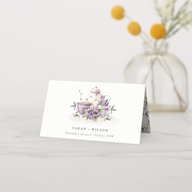 Elegant Lilac Purple floral Teapot Cup Wedding Place Card (Front)