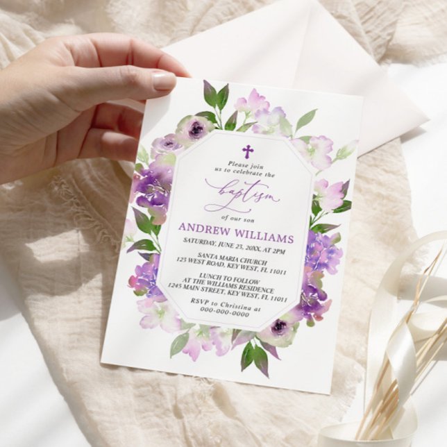 Elegant Lilac Purple Flowers Baptism Invitation (Creator Uploaded)