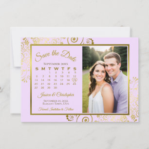 Elegant Lilac Purple & Gold Calendar Photo Wedding Save The Date