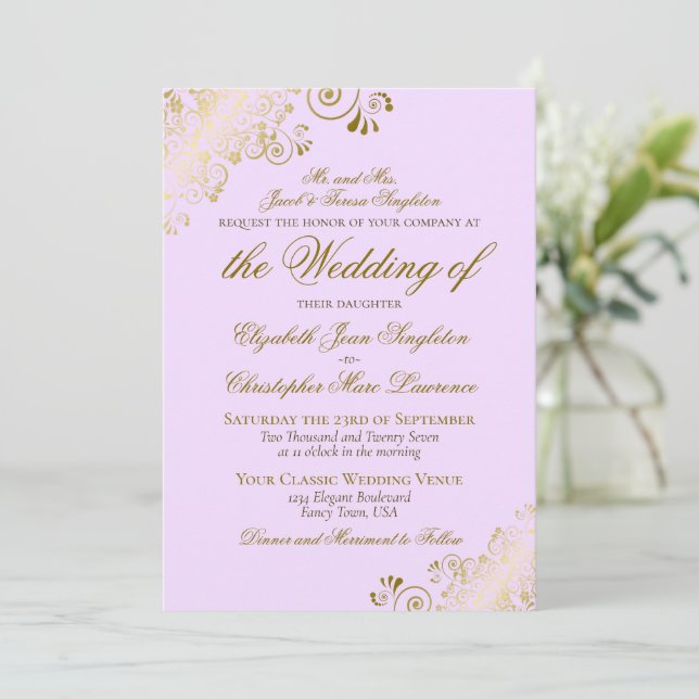 Elegant Lilac Purple & Gold Classic Formal Wedding Invitation (Standing Front)
