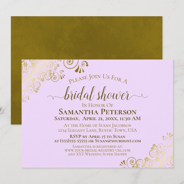 Elegant Lilac Purple & Gold Lace Bridal Shower Invitation (Front/Back)