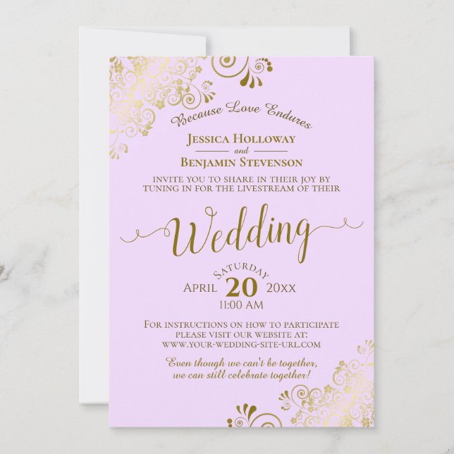Elegant Lilac Purple Gold Lace Wedding Livestream Invitation (Front)