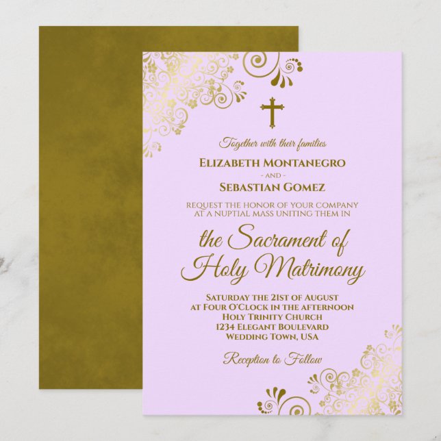 Elegant Lilac Purple Gold Modern Catholic Wedding Invitation (Front/Back)