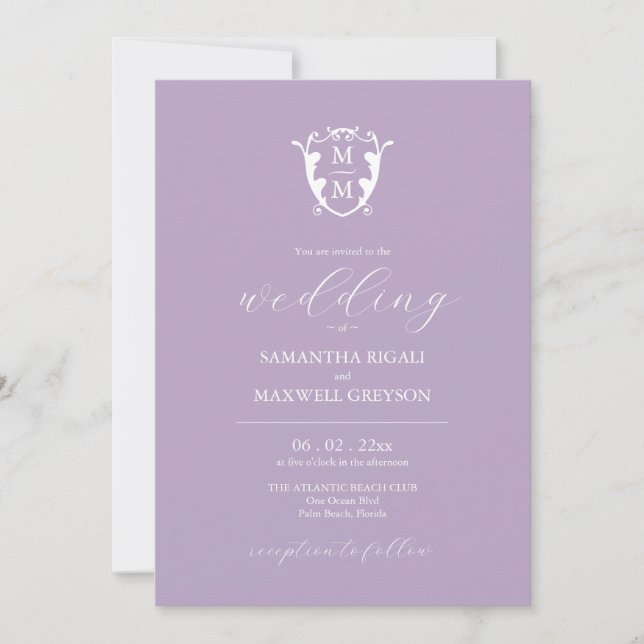 Elegant Lilac Purple Monogram Wedding Invitations (Front)