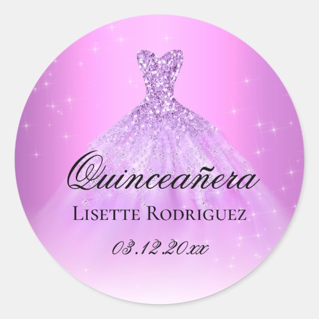 Elegant Lilac Purple Personalised Quinceanera Classic Round Sticker (Front)