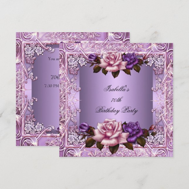 Elegant Lilac Purple Pink Rose 70th Birthday Party Invitation (Front/Back)