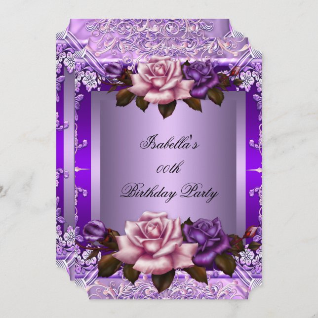 Elegant Lilac Purple Pink Rose Birthday Party 2 Invitation (Front/Back)