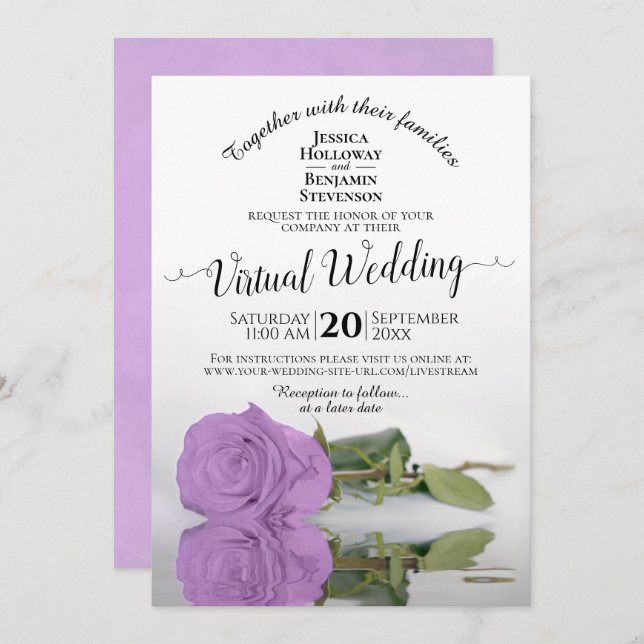 Elegant Lilac Purple Romantic Rose Virtual Wedding Invitation (Front/Back)