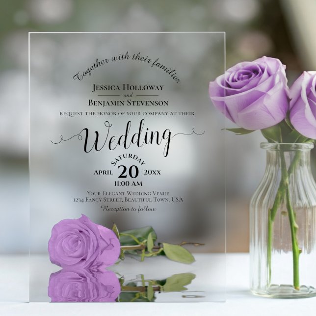 Elegant Lilac Purple Rose Lacy Calligraphy Wedding Acrylic Invitations (Clear Acrylic with Rectangle Cut)
