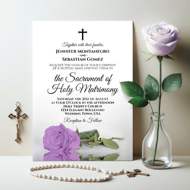 Elegant Lilac Purple Rose Modern Catholic Wedding Invitation (Creator Uploaded)