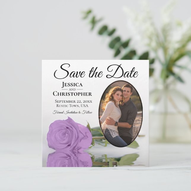 Elegant Lilac Purple Rose & Oval Photo Wedding Save The Date (Standing Front)