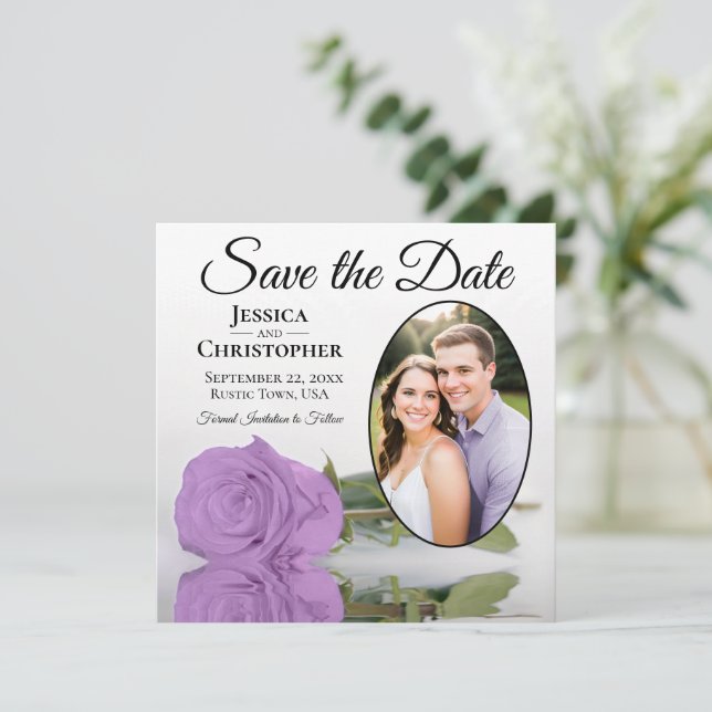 Elegant Lilac Purple Rose & Oval Photo Wedding Save The Date (Standing Front)