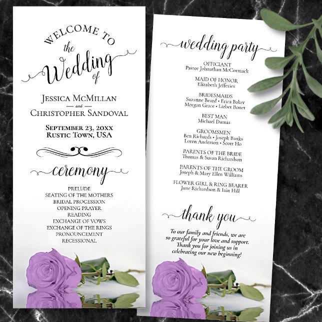 Elegant Lilac Purple Rose Romantic Wedding Programme (Front and Back)