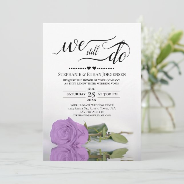 Elegant Lilac Purple Rose We Still Do Vow Renewal Invitation (Standing Front)