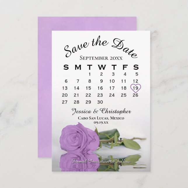 Elegant Lilac Purple Rose Wedding Calendar Save The Date (Front/Back)