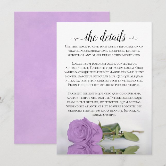 Elegant Lilac Purple Rose Wedding Details Enclosure Card (Front/Back)