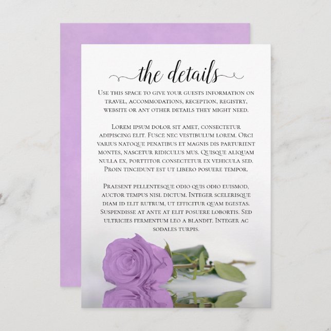Elegant Lilac Purple Rose Wedding Details Enclosure Card (Front/Back)