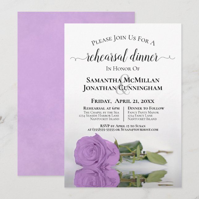 Elegant Lilac Purple Rose Wedding Rehearsal Dinner Invitation (Front/Back)