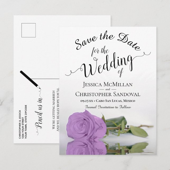 Elegant Lilac Purple Rose Wedding Save the Date Announcement Postcard (Front/Back)