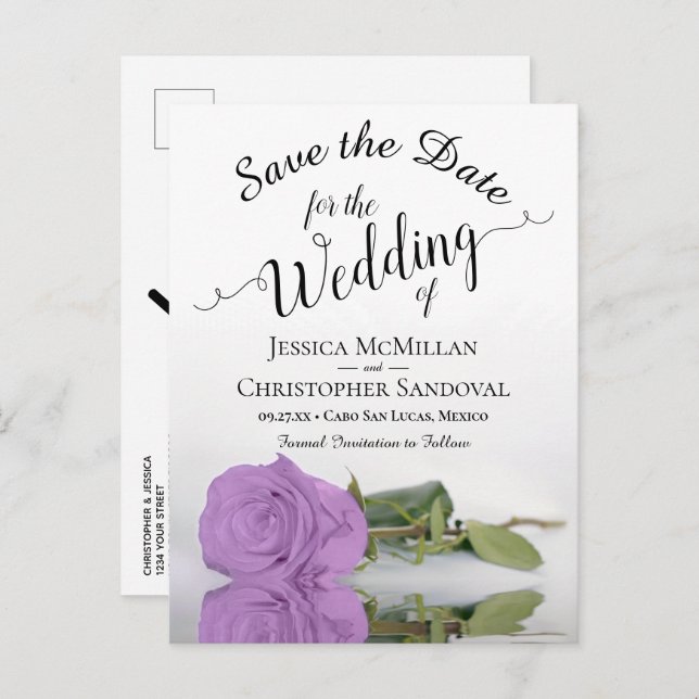 Elegant Lilac Purple Rose Wedding Save the Date Announcement Postcard (Front/Back)
