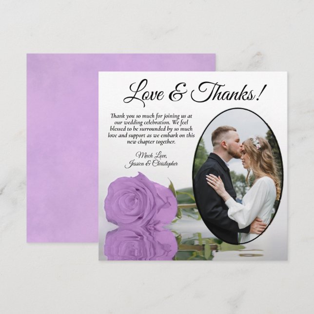 Elegant Lilac Purple Rose with Oval Photo Wedding Thank You Card (Front/Back)