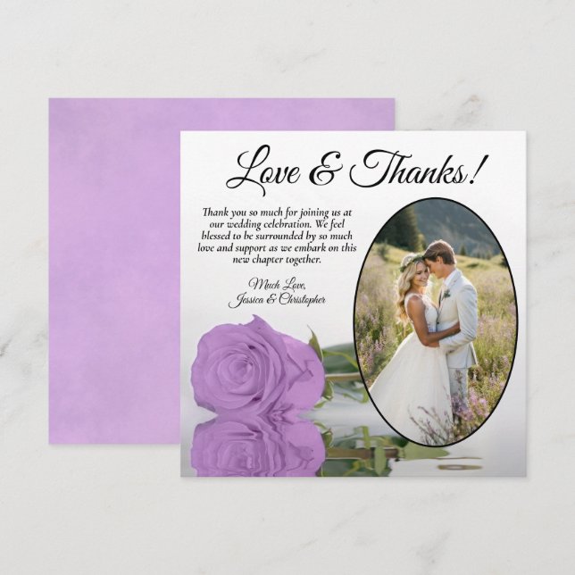 Elegant Lilac Purple Rose with Oval Photo Wedding Thank You Card (Front/Back)