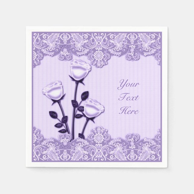 Elegant Lilac Purple Satin Roses and Lace Napkins (Front)